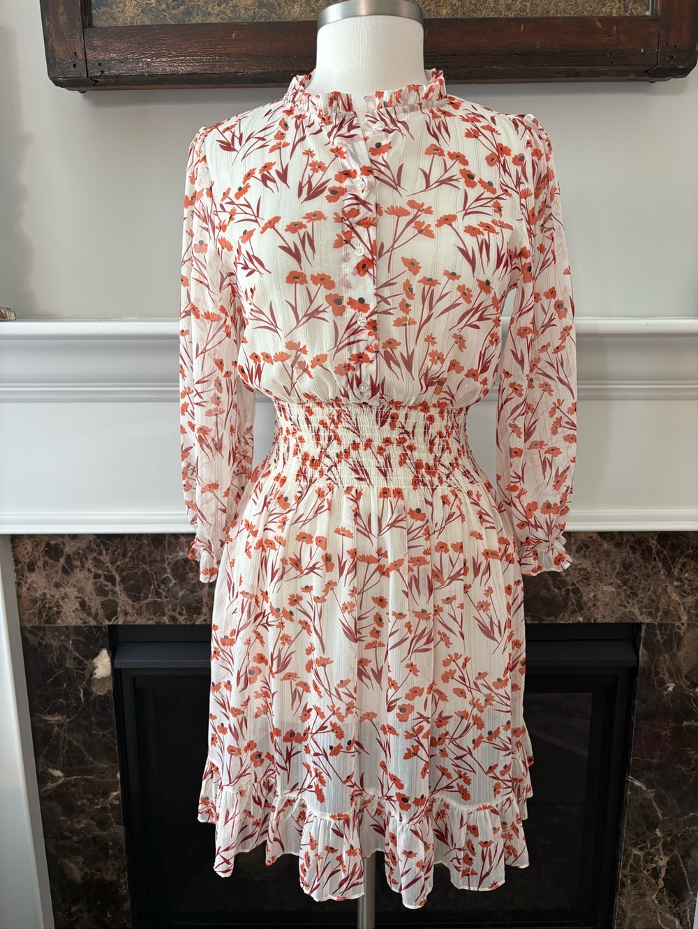 Maje Rythona Metallic-trimmed Floral-print Chiffon Mini Dress In Terracotta 38